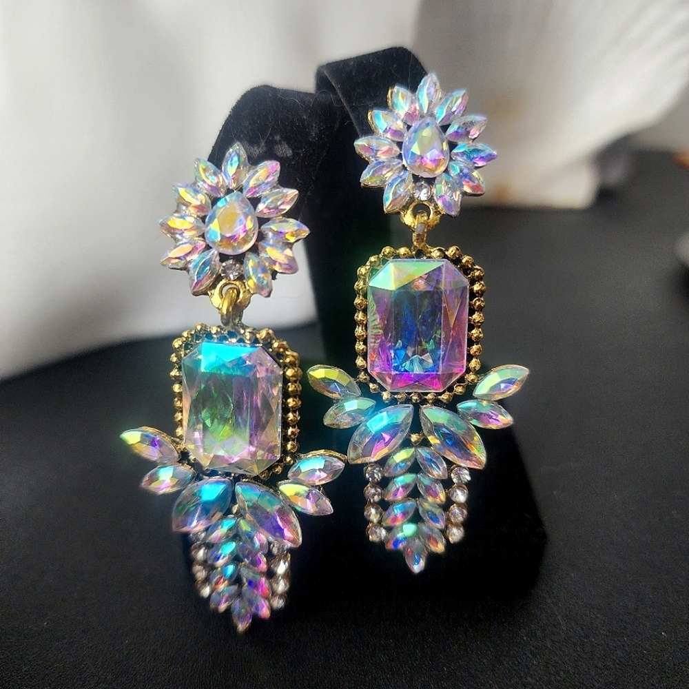 Gold with AB Iridescent Stones Drop Earrings